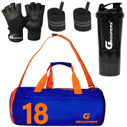 GROUPERS Combo Set of Duffle Polyester Bag with Shaker Bottle-500ml, Gloves & Wrist Band (Blue 18) GROUPERS Combo Set of Duffle Polyester Bag with Shaker Bottle-500ml, Gloves & Wrist Band (Blue 18)