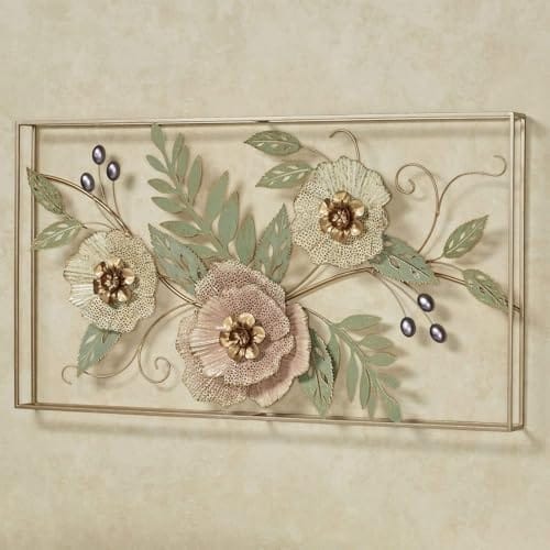 Wall Art | Framed Metal Artwork with Pastel Pink & Cream Blossoms | Metallic Finish Hanging Flower Decor for