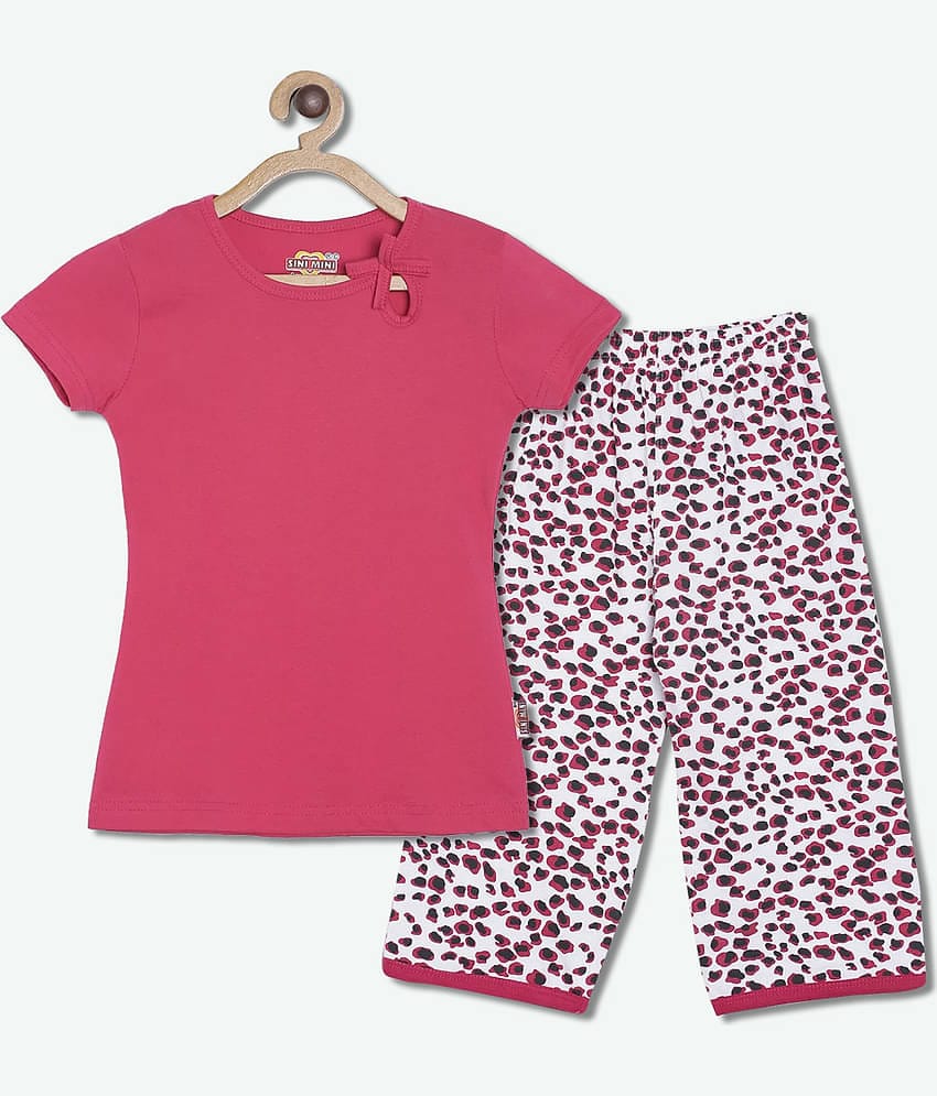 Sini Mini Pack of 1 Girls Cotton Top With Capris ( Hot Pink )