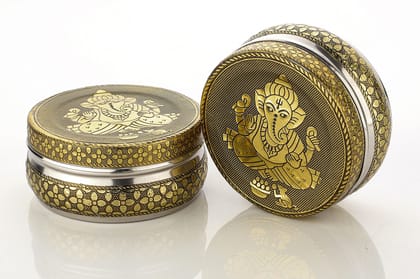 NAVRANG Stainless Steel Container Box Decorative Storage Box Return Gifts Laddu Box Ganesh Ji Design(Pack Of 2, Golden)