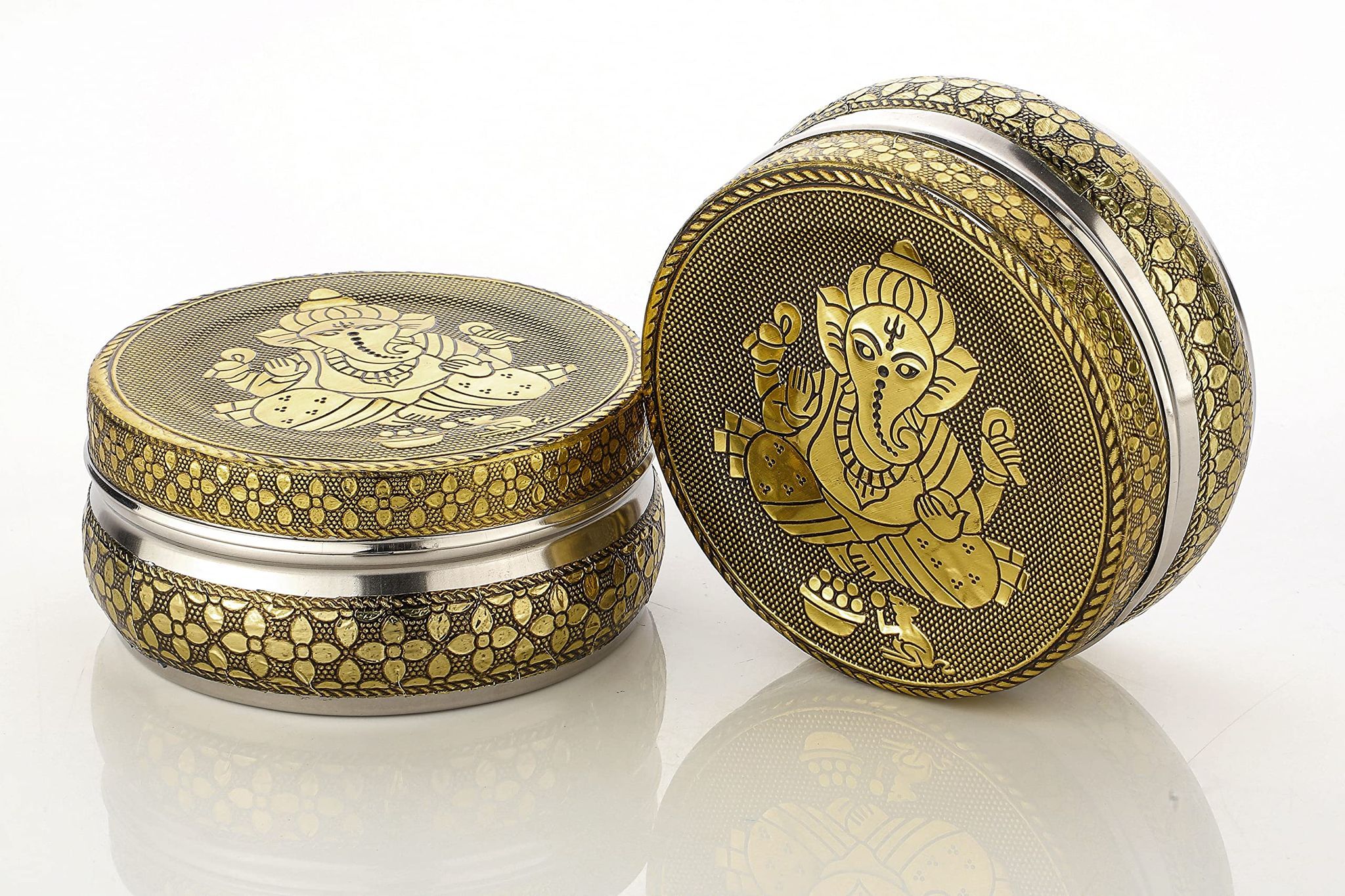 NAVRANG Stainless Steel Container Box Decorative Storage Box Return Gifts Laddu Box Ganesh Ji Design(Pack Of 2, Golden)