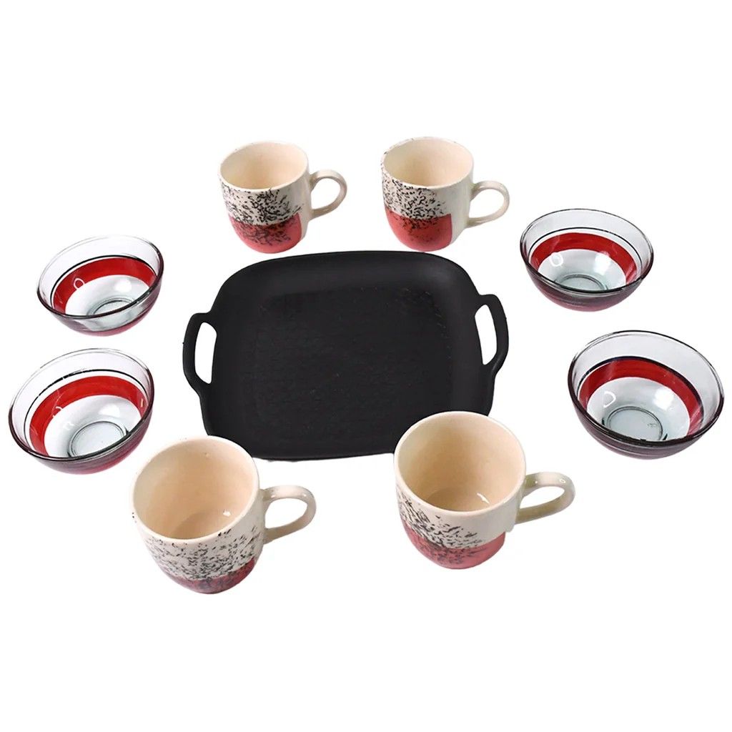 Healthy Choice Set of 4 Pc Ceramic Cup and 4 Pc Glass Bowl with Plastic Plate 9 Pcs (Multicolor)