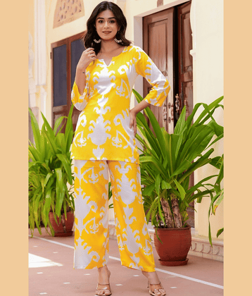 ANNEIV Women Cotton Printed Straight Kurti With Palazzo ( Yellow )