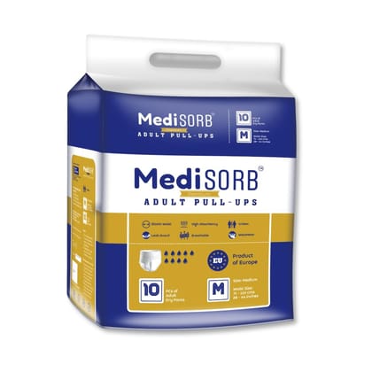 MediSORB Adult Diaper Pants | Medium (M) |Waist 71-110 cm (28-44 inches) |High Absorbency -15 Hrs |Rash-Free |Leakproof |Breathable |Odourless |Elastic Waist |Unisex- Men & Women | 10 Units, Pack