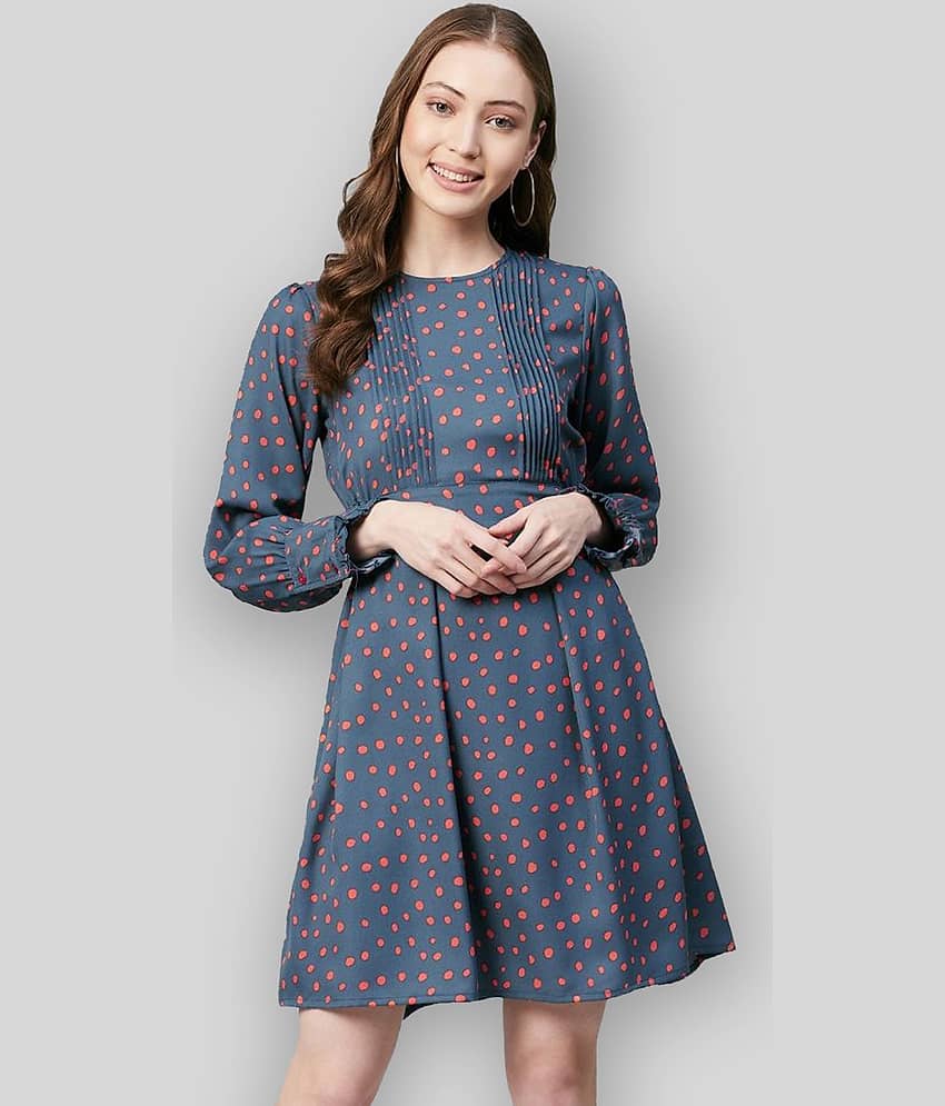 StyleStone Women Crepe Printed Fit & Flare Dress ( Dark Grey )