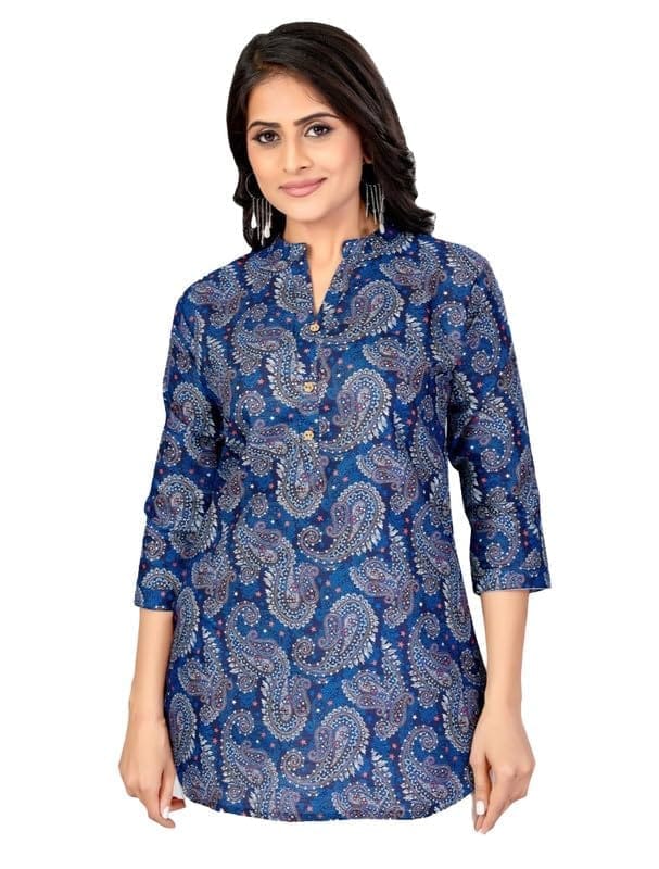 Women's Cotton Blend Mandarin Collar 3/4 Sleeves Short Top (Blue, L)-PID56269