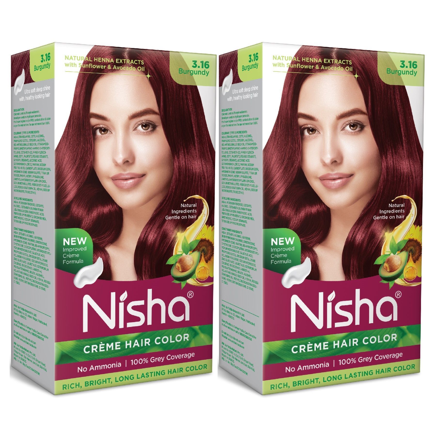 Nisha Creme Hair Color Burgundy 60g Pack of 2, Permanent Hair Colour, No Ammonia, 100% Grey Coverage