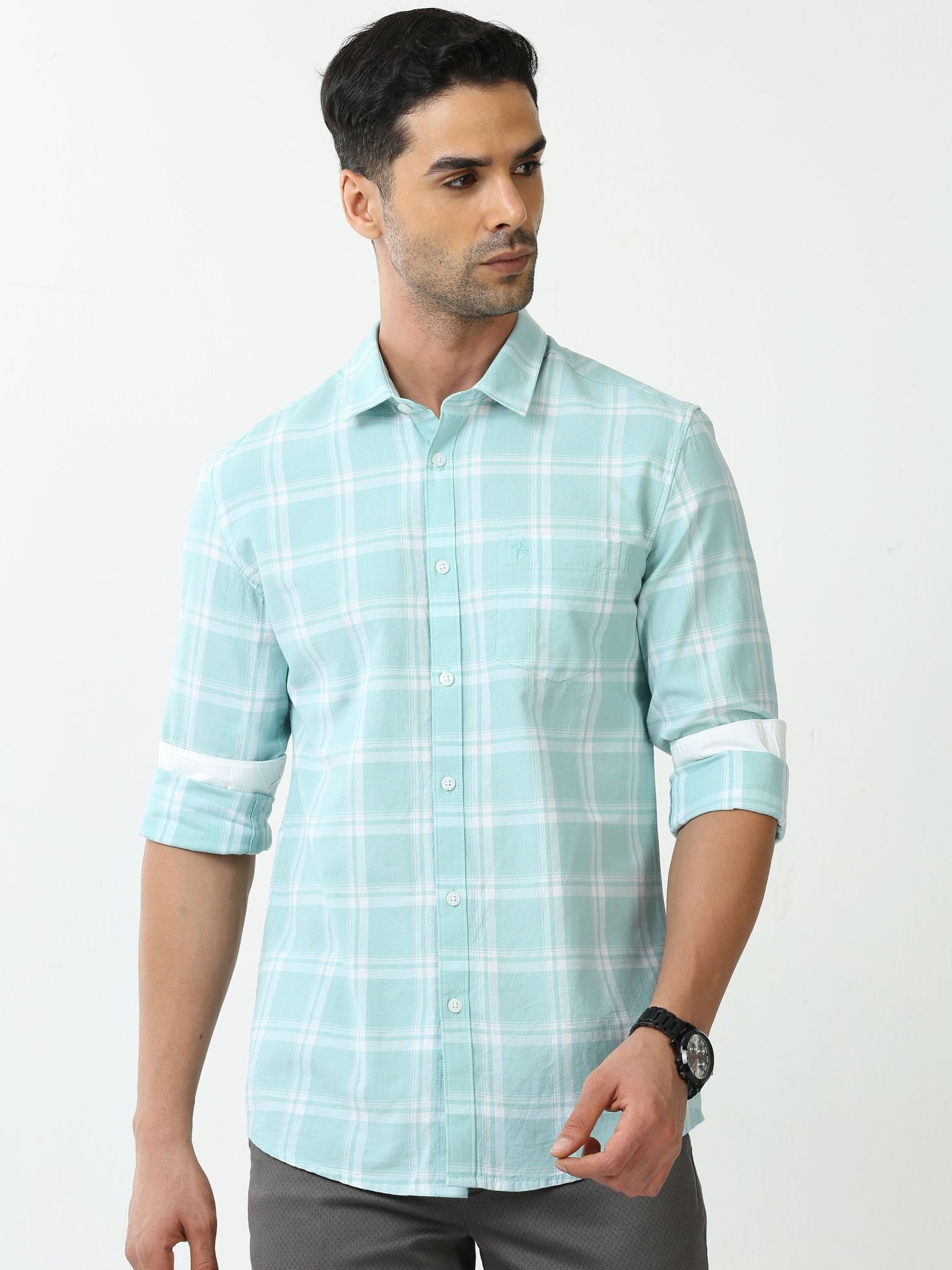 Classic Polo Mens Cotton Full Sleeve Checked Slim Fit Polo Neck Light Green Color Casual Shirt | SBO2-66 A-FS-CHK-BSL