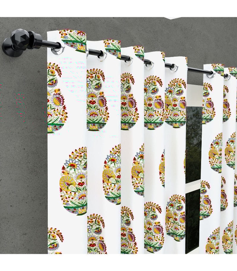 Floral Valley Kairi Print Curtains  Hand Block Bunai Pattern in Cotton  ( 7 feet  )