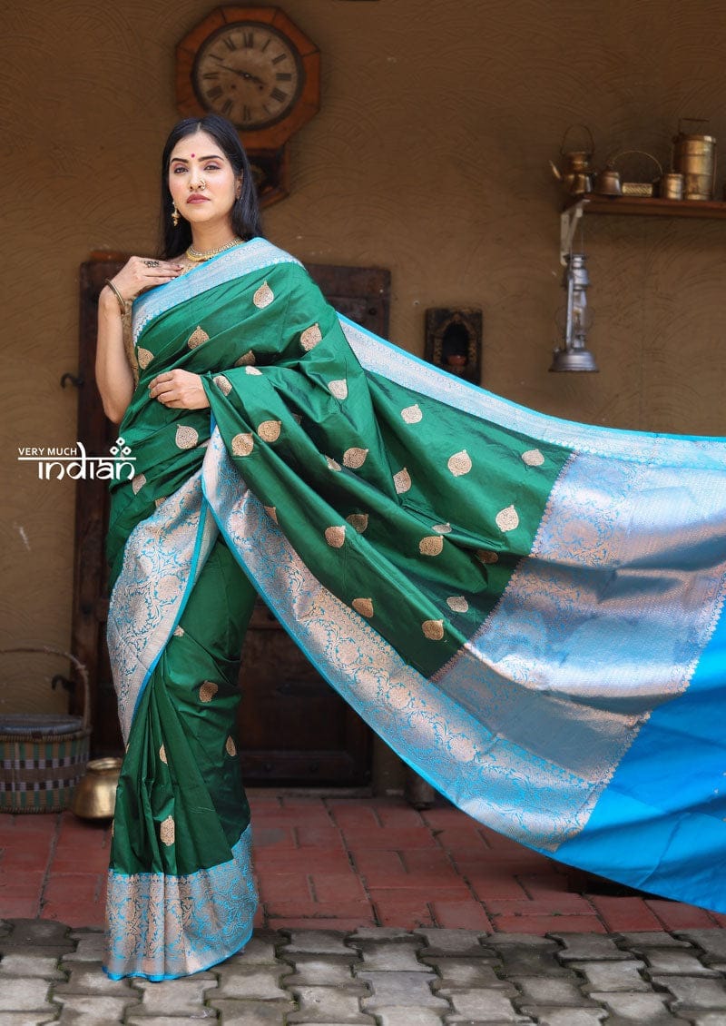 Utsaav - Banarasi Katan Silk in Forest Green with Light Blue Border