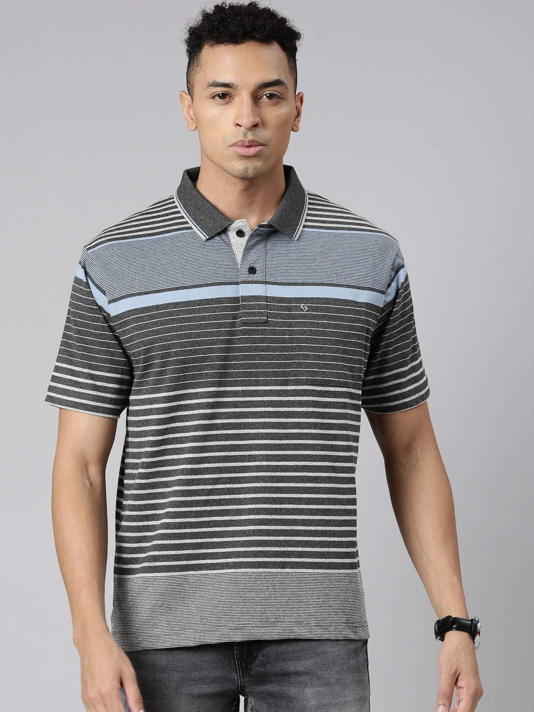 Classic Polo Men's Polo Neck Cotton Navy/Grey Authentic Fit Striped T-Shirt | MEL-252 B AF P