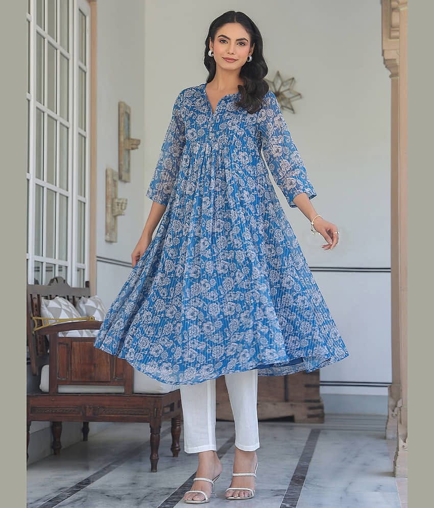 Janasya Women's Chiffon Printed A-line Kurti - ( Blue )