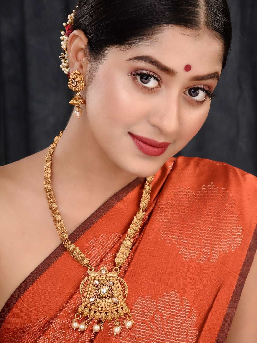 Gold Plated Kundan Studded Pearl Beaded Long Necklace Jewellery Set