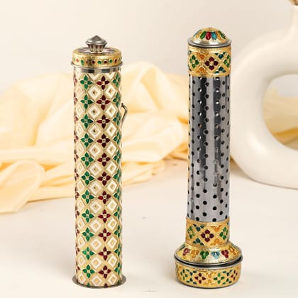 Navrang Meenakari Stainless Steel Agarbatti Storage Box with Stand Incense Stick Holder with Stand Agarbatti Storage Box & Holder (Combo)
