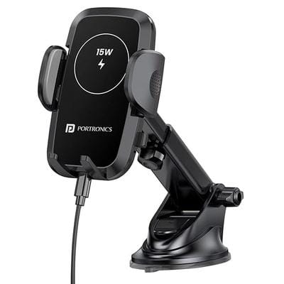 Portronics Charge Clamp 2 Mobile Holder with Wireless Charging with 15W Wireless Output, 360Ã‚Â° Rotation, 270Ã‚Â° Adjustable Angles, LED Display, Type C Charging Port, 1M Type C Cable(Black)