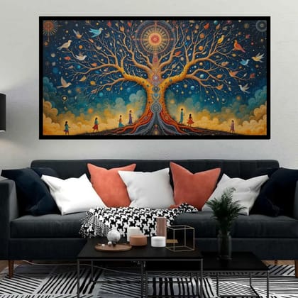 Luminary Harmony of Souls – Enchanted Tree of Life Timeless Museum-Quality Cotton Canvas Art for Living Room Décor | Frame Size (127 X 69 Cm) | Frame Type (Black) | 5-Year Warranty