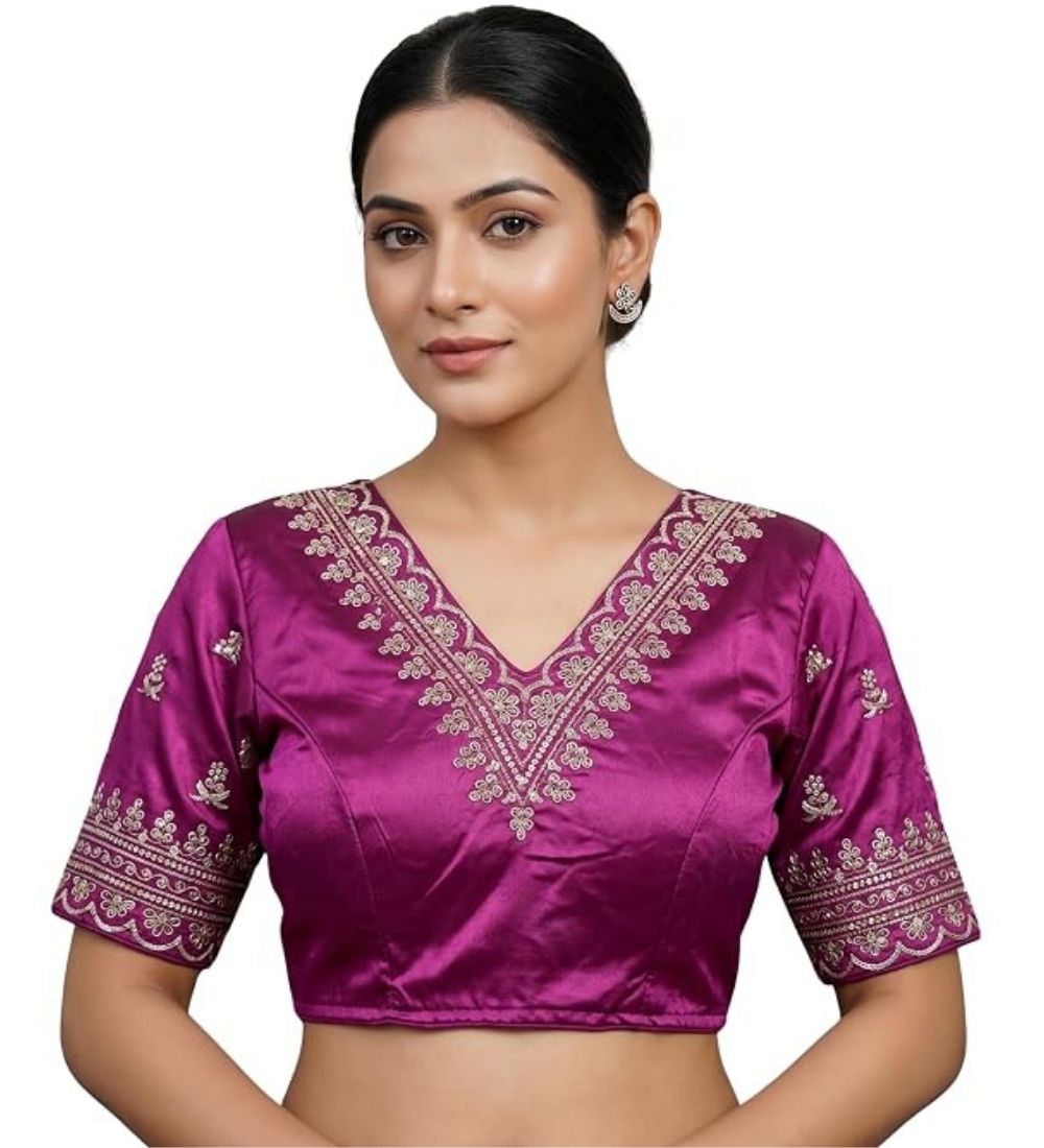 Women's Satin Embroidered Half sleeve V-Neck Padded Readymade Blouse (Purple, Size 38 - Self-Alterable 36–40)