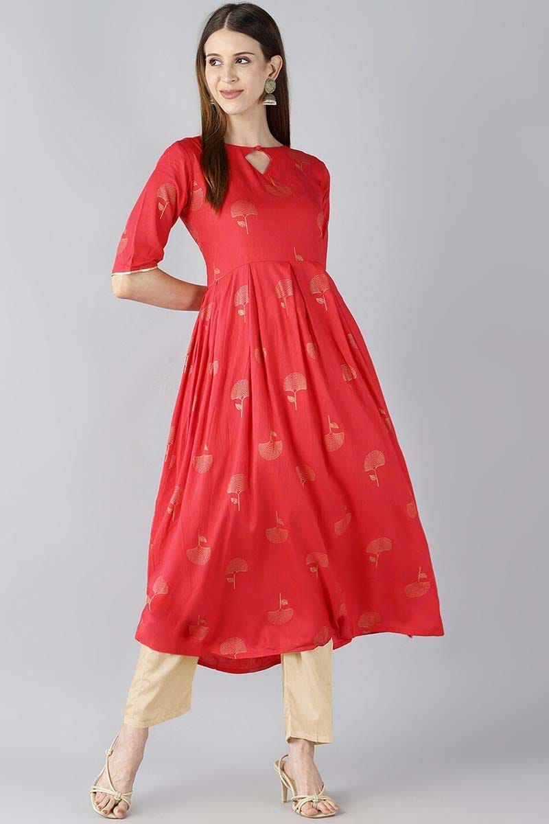 Red Floral Printed Keyhole Neck Kurta VCK8211