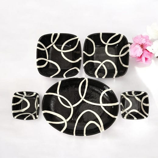Modern Black & White Blue Pottery Bowl & Plate Set  Handcrafted Jaipur Art