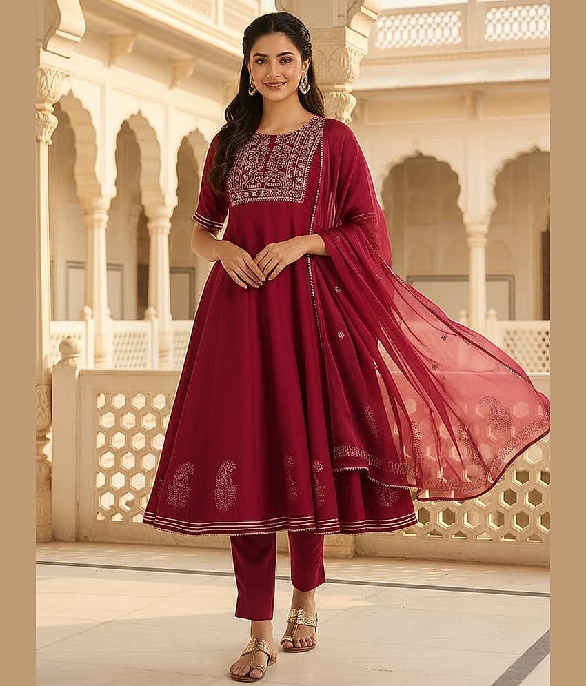 Vaamsi Women Silk Blend Embroidered Anarkali Kurti With Pants ( Burgundy )