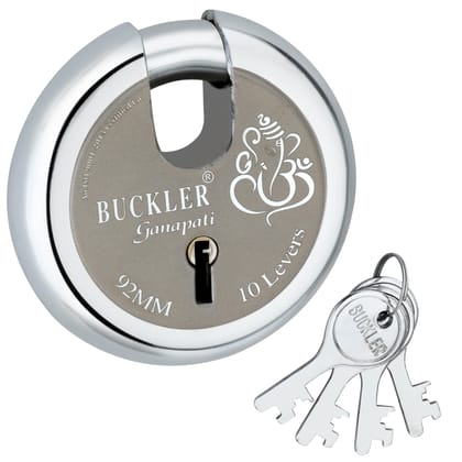 BUCKLER Heavy Duty Iron Shutter Lock for Main gate, Godown, Main Door, Office, Shop, Truck, Narrow Shackle, unbrackble Lock- Ganapati Laser Print Design-92MM-10 Levers, Round Shape-