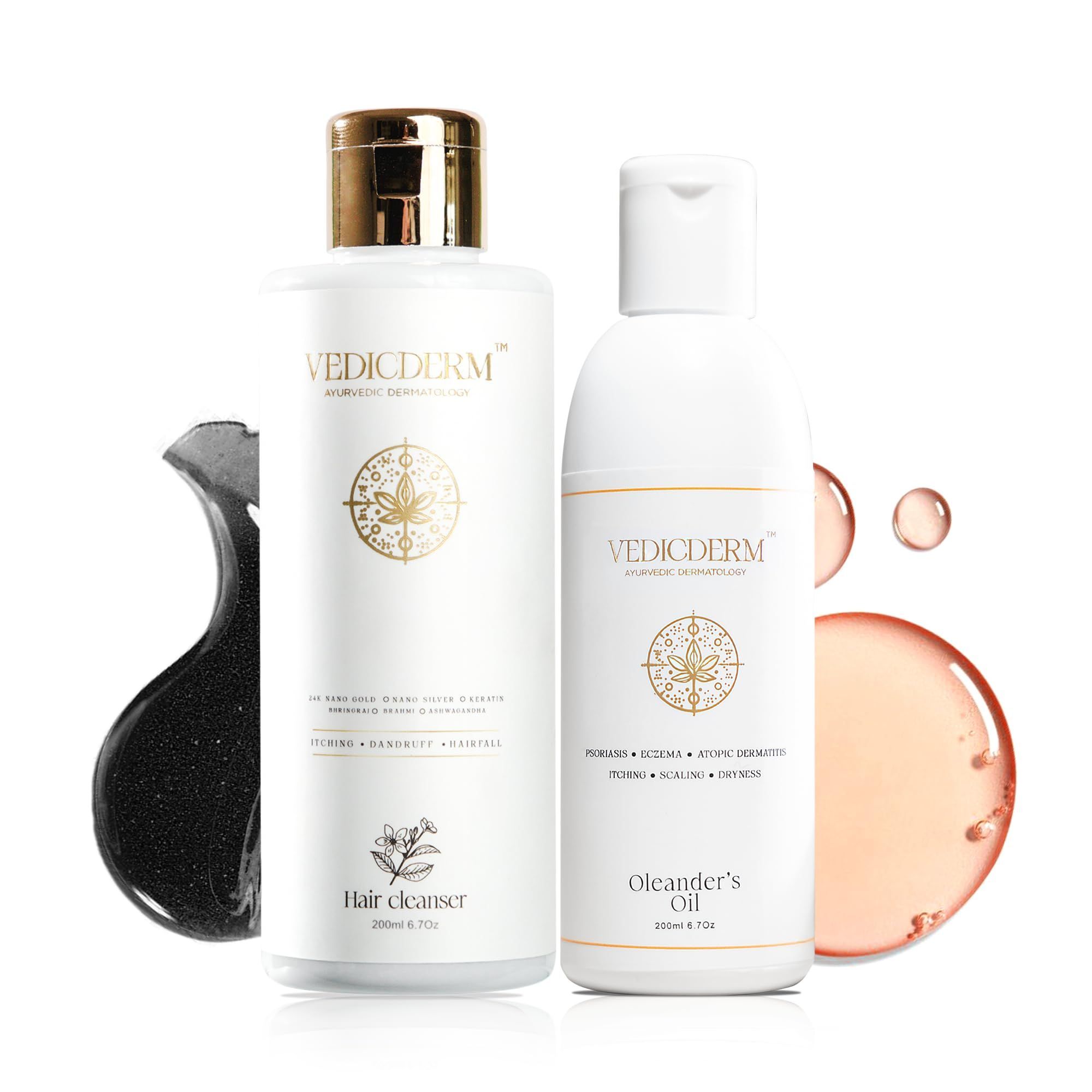 VEDICDERM Oleander's Oil and Bamboo Charcoal Shampoo Duo for Psoriasis, Eczema, Skin and Scalp Relief, 200g Each