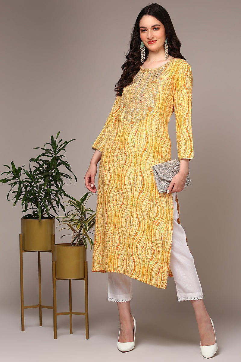 Plus Size Yellow Viscose Rayon Abstract Printed Kurta VCK9514
