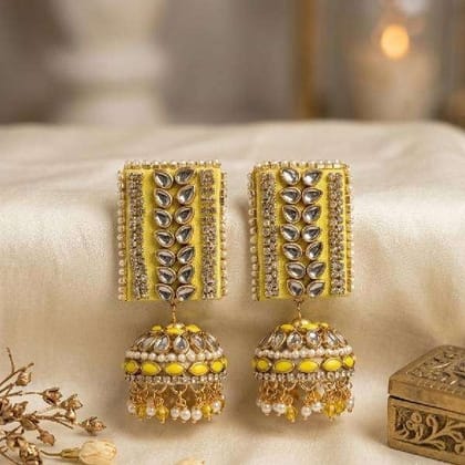 Yellow fabric kundan jhumka