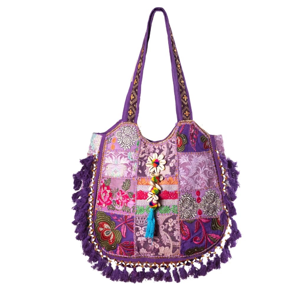 PREET SPICE Rajasthani Patchwork Tote Bag, Handcrafted Purple Boho Chic-Cross Body Hand Bag For Women