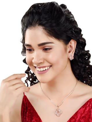 Rose Gold plated AD studded Floral design Pendant Earrings set chain