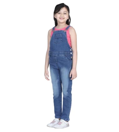 Girl's Denim Washed Buttoned Dungaree (Blue, 13-14-Yrs)-PID66048