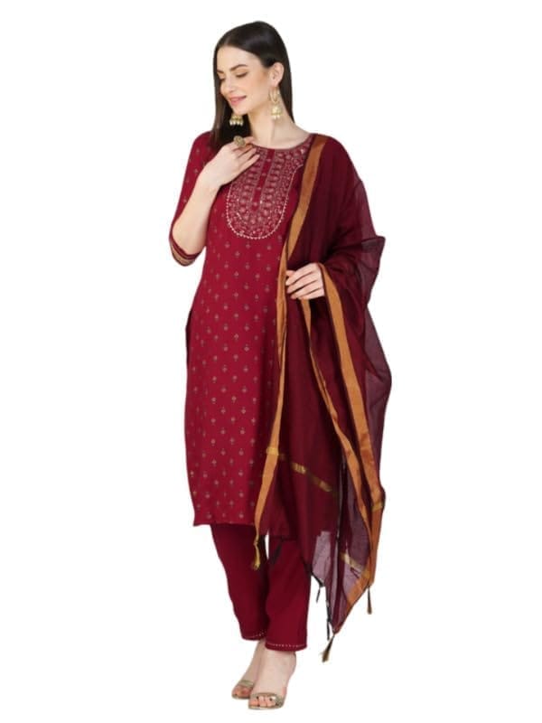 Women's Casual 3-4 th Sleeve Embroidery Cotton Kurti Pant Dupatta Set (Maroon, L)-PID50239
