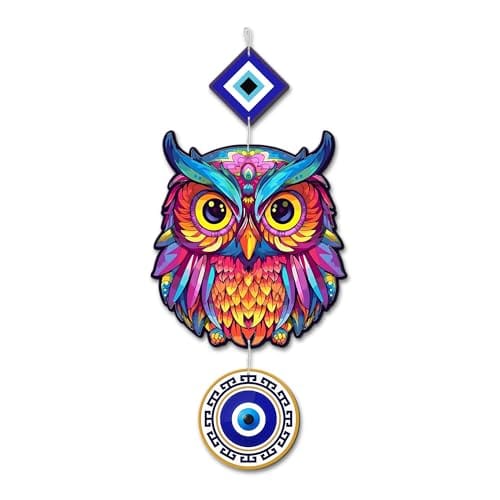 Regalo Casila Owl and Evil Eye Hanging Wall Decoration - Wooden Wall Hanging, Handmade Home Decor, Good Luck and