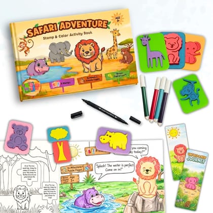 Clever Fox Funlab Safari Stamp Art: DIY Coloring & Story Puzzle Set for Kids 3+ | 8 Jumbo Foam Stamps, 8 Pens, 16 Activity Pages & DIY Bookmarks | Creative Art & Learning Kit for Boys & Girls