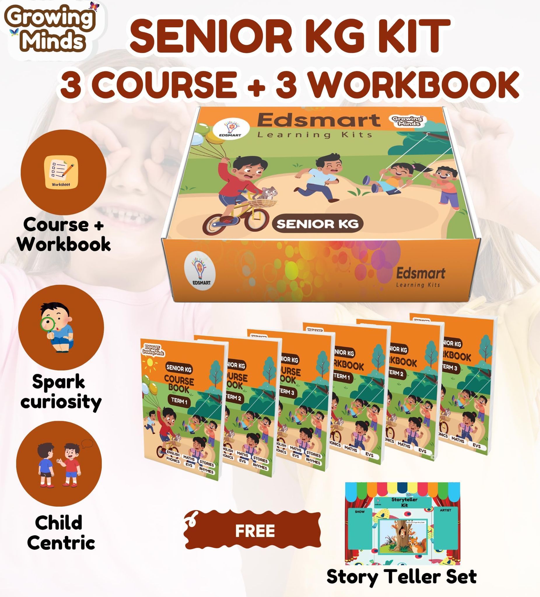 Edsmart Growing Minds - Senior KG /UKG Course and Workbook COMBO | Literacy & Phonics, Numeracy, EVS, Age 5+ Years, CBSE Curriculum | 6 Books and with FREE STORY TELLER SET [Perfect Paperback] [Mar 31, 2025] Edsmart Edu Services Pvt Ltd