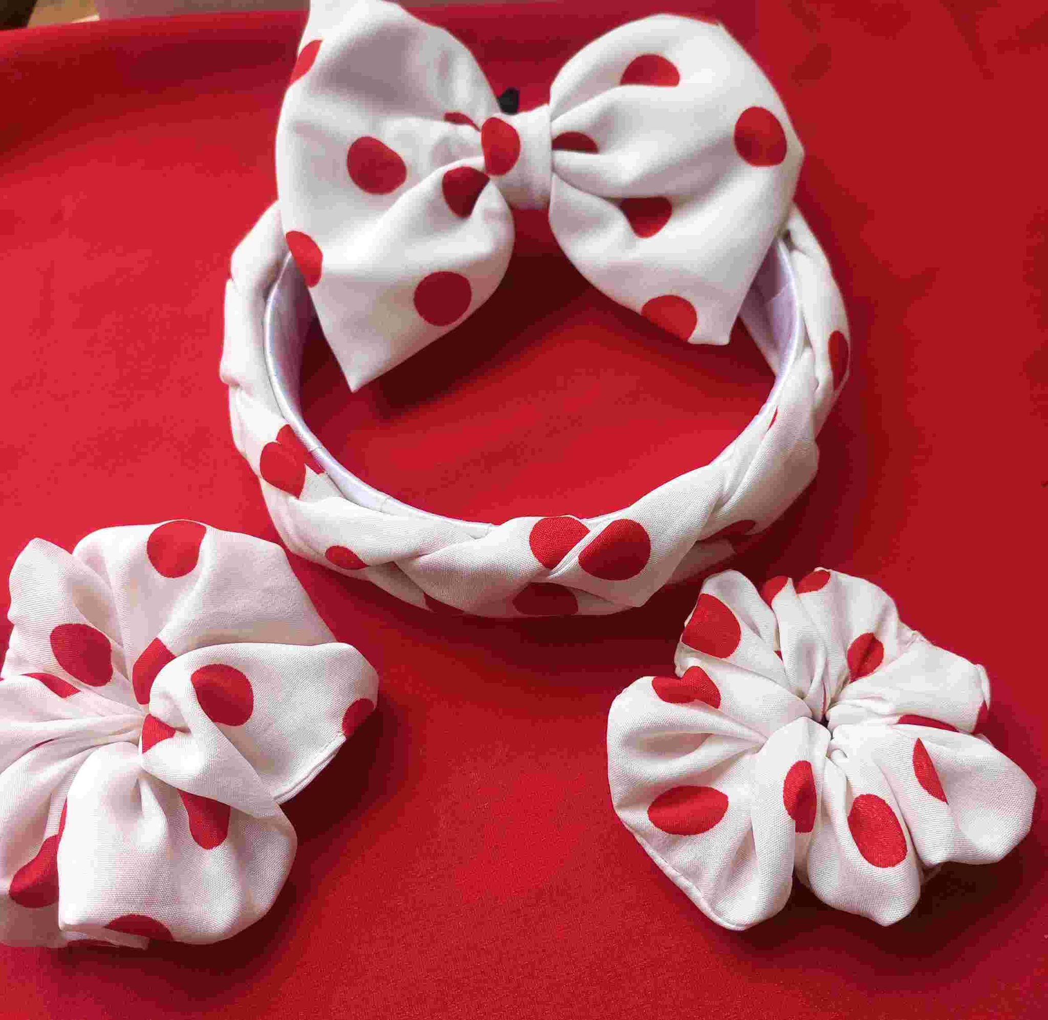White Braided HairBand with White Polka Dot Retro Design Combo for Women and Girls, Hair Accessories Makeup Hairband Hair Accessories for Women Pack of 4 (White andRed)