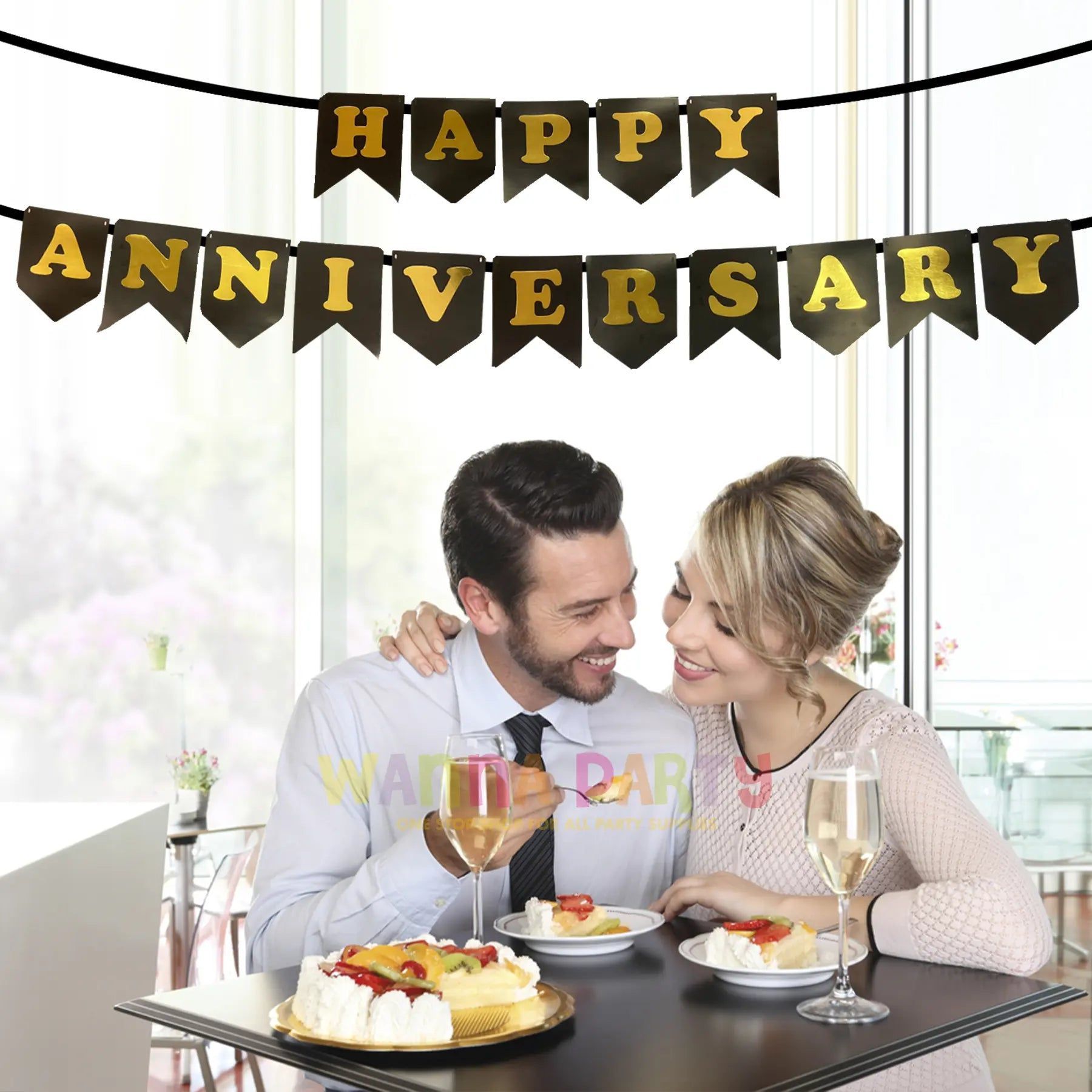 Happy Anniversary Gold Embossed Flag Banner Gold & Black - 9FT - 1PC