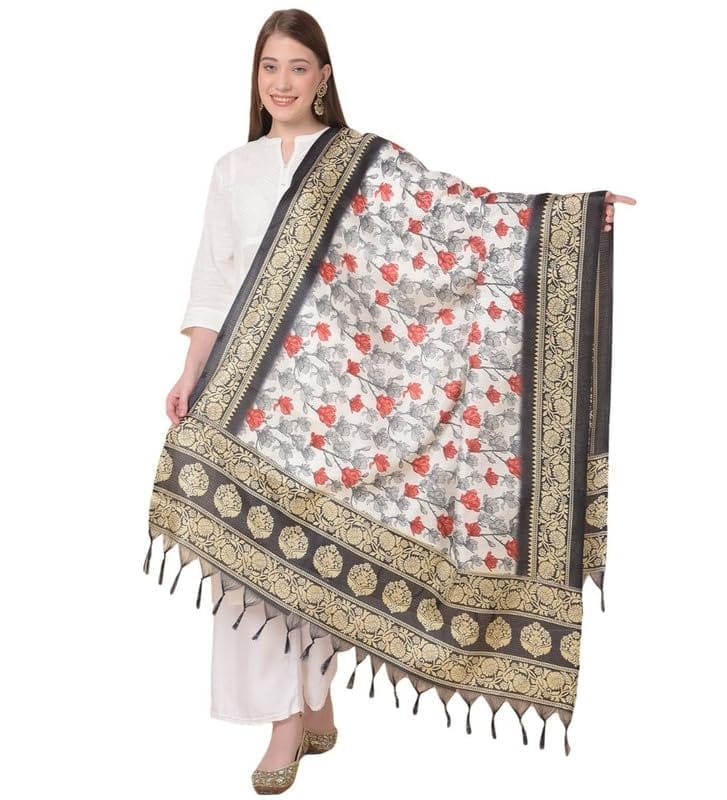 Women's Art Silk Printed Dupatta (Black)-PID47012