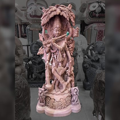 Lord Krishna with flute Pink Stone statue