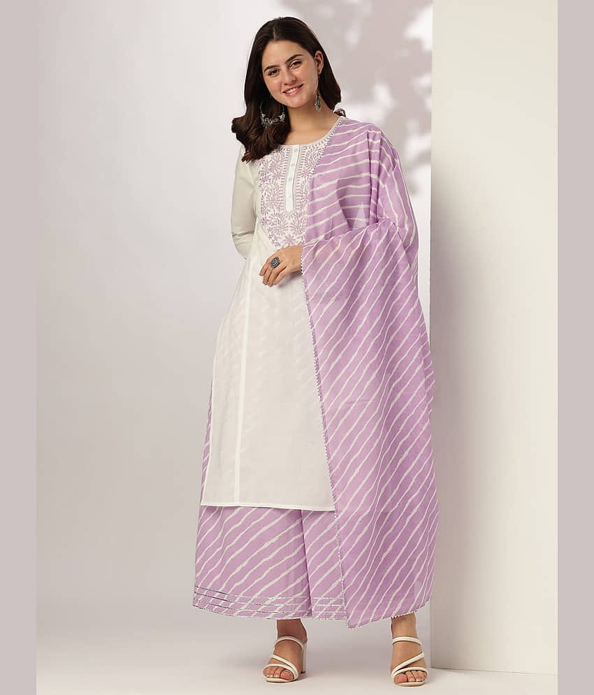 Janasya Women Cotton Embroidered Straight Kurti With Palazzo ( White )