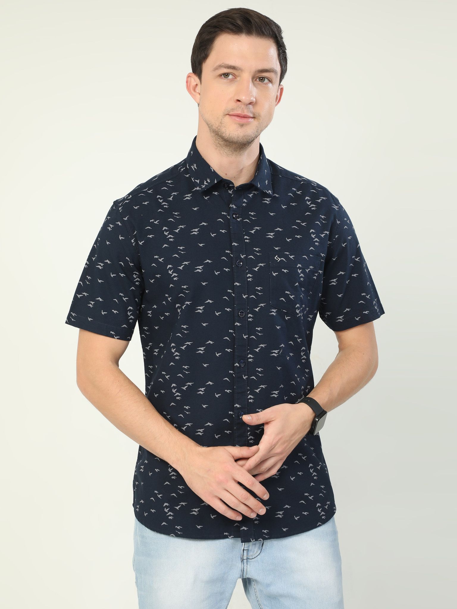 Classic Polo Men's Polo Neck Half Sleeve Slim Fit Cotton Woven Shirt | SO2-46 B-HS-PRT-SF