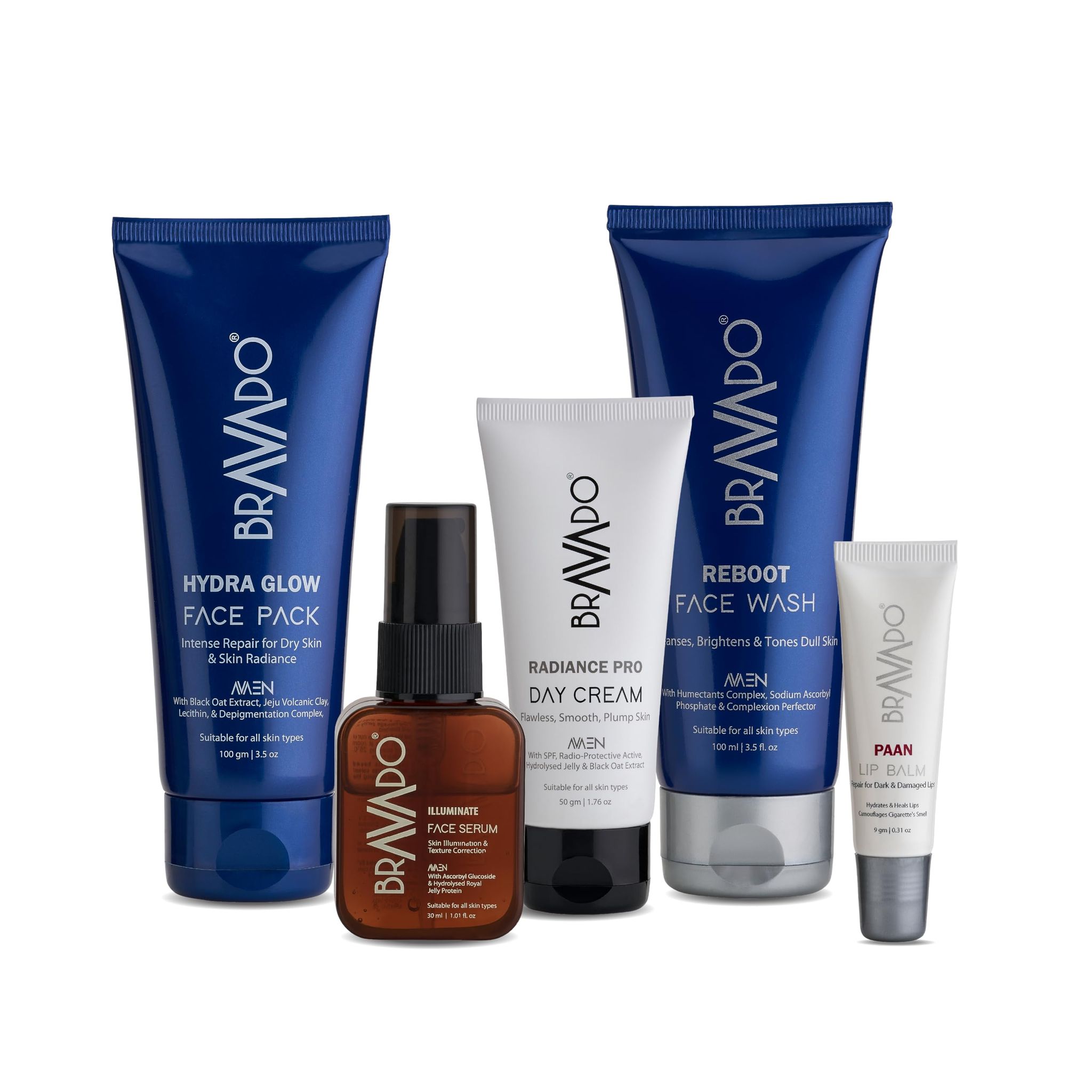 Bravado Personal Grooming 5 In 1 Summer Combo Kit - Pack of - Reboot Facewash, Radiance Pro Day Cream, Illuminate Face Serum, Hydra Glow Face Pack, Lip Balm Paan -289g (Set of 5 Products)