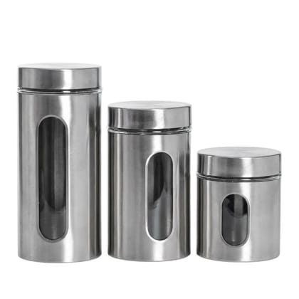 LA'VITE Stainless Steel & Glass Window Canister Set of 3 (300ml, 550ml, 800ml) Airtight Premium Kitchen Storage Containers