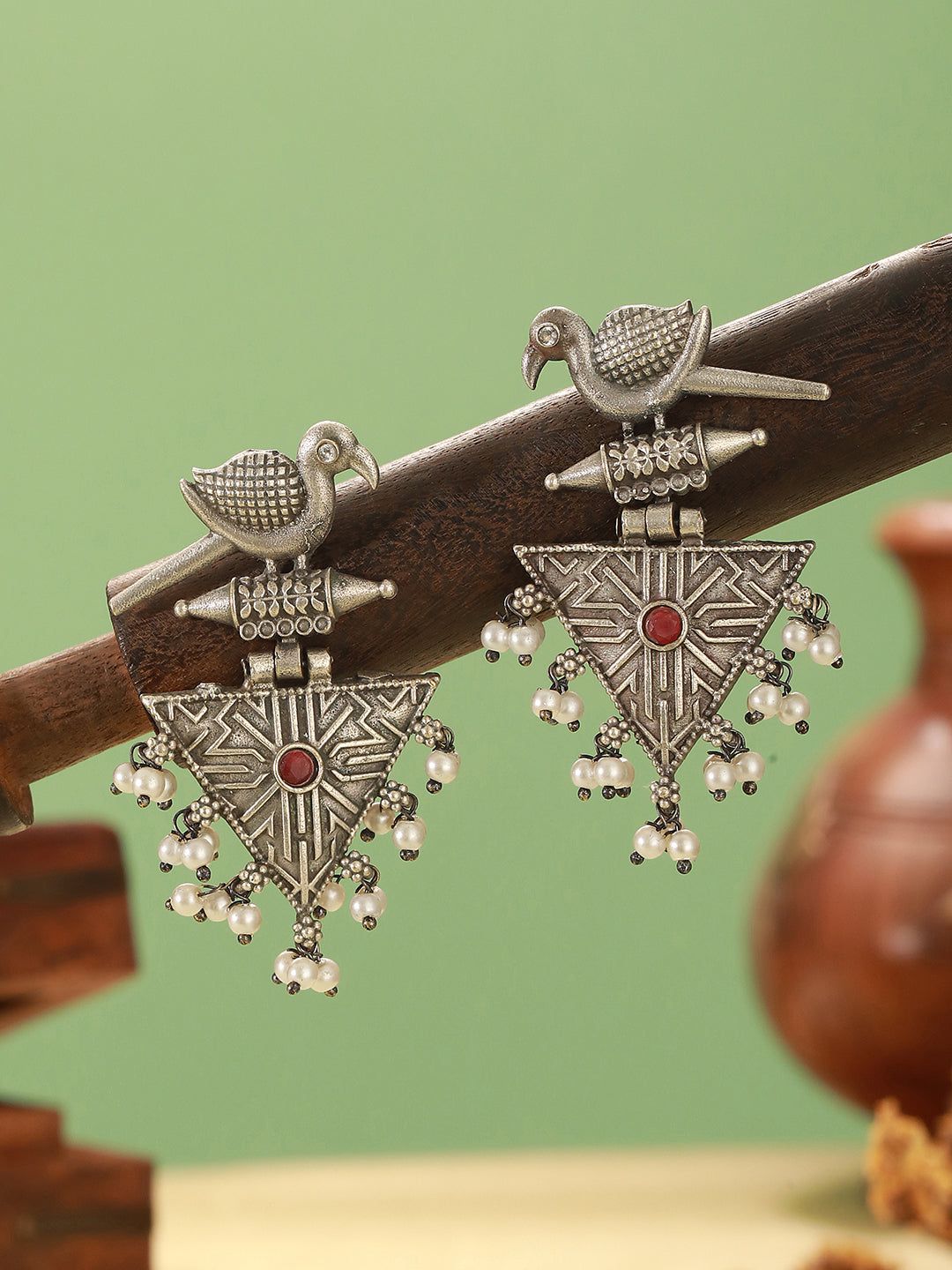 Oxidised Silver Toned Red Stone & Pearl Beaded Drop Handcrafted  Long Dangler Minimal Statement Earrings