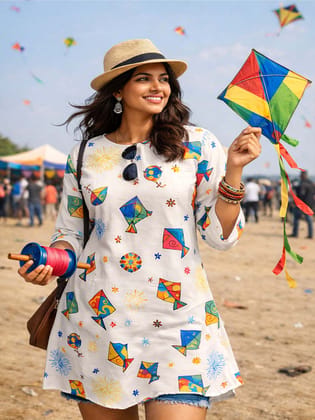 Festive wear Womens White Cotton Blend Kite Print Kurti.