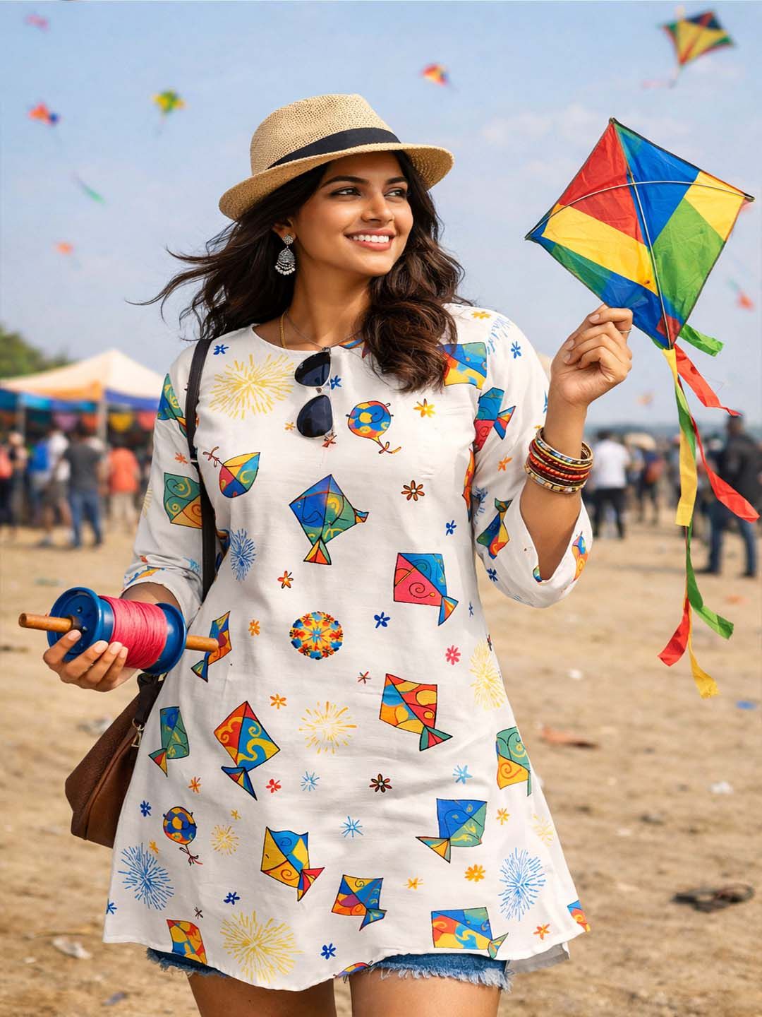 Festive wear Womens White Cotton Blend Kite Print Kurti...