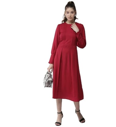 Women's Polyester Pintuck Long Sleeves Below Knee Dress (Red, S)-PID55756