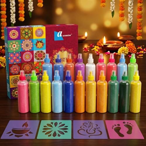 Ascension 20 Rangoli Colour Powder Tube Bottles and 4 Rangoli Stencils Kit Diwali Decoration Items Bottles Tool