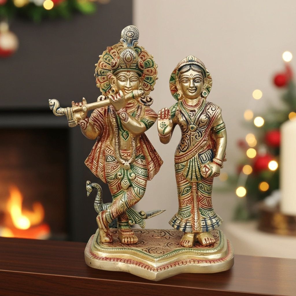 Brass Radha Krishna Pair God Idol Statue � Traditional Brass Showpiece, Height : 8 Inch (BSMAS1747 D)