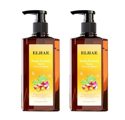 ELHAE 3 in 1 Batana Rosemary Onion Shampoo | Natural Hair Repair Formula | Reduces Hair Fall, Strengthens Roots & Moisturizes Scalp | For All Hair Types | Sulfate-Free, Paraben-Free (Pack 2 x 300Ml)